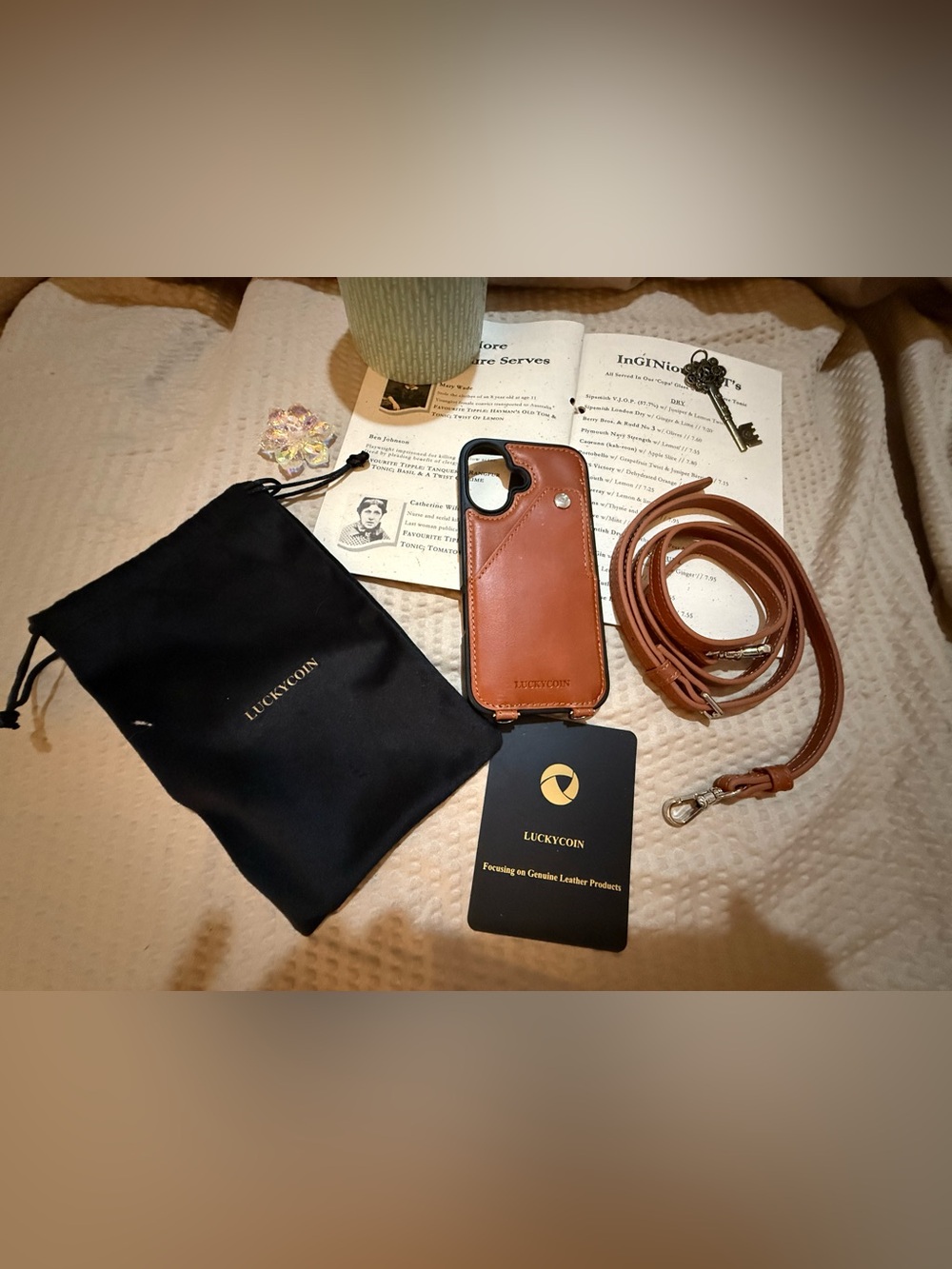 LUCKYCOIN iPhone 15 Pro Genuine Leather Crossbody Wallet Case Brown